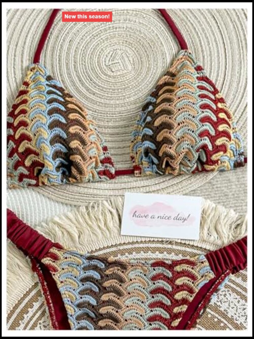 Crochet Triangle Bikini Halter Top High Leg Bottom 2 Piece Set View 4